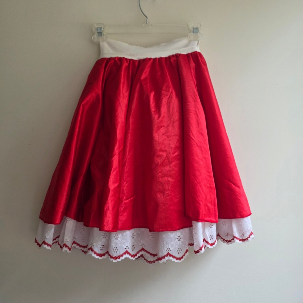 Handmade Queen of Hearts Red Satin Skirt Eyelet Lace Trim Costume XS S Cosplay